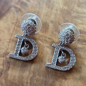 Vintage Y2K Dior Crystal D Embellished Drop Dangle Pierced Ears Earrings Silver